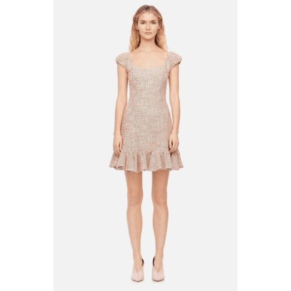 Rebecca Taylor Cap Sleeve Spring Tweed Peplum Hem Dress Rosey Pink 4 - Picture 1 of 9